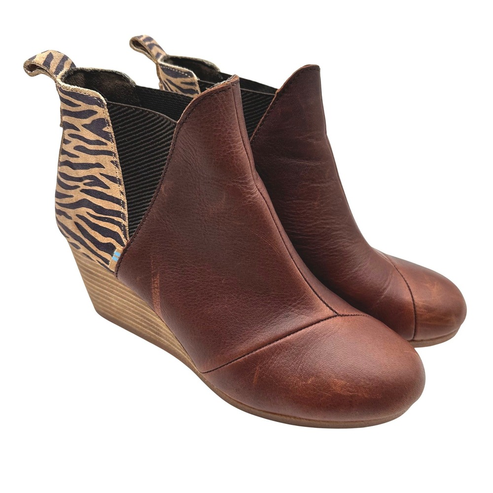 Toms Kelsey Brown Leather Zebra Suede Print Wedge Ankle Boots Womens 7.5